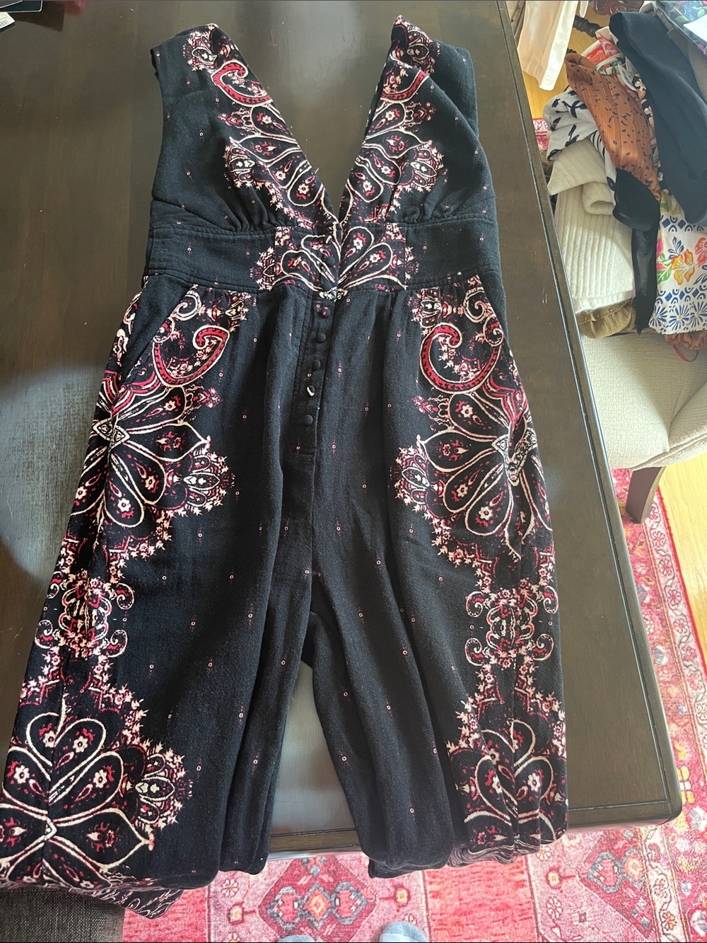 Free People Black Paisley-Print Deep V Jumpsuit